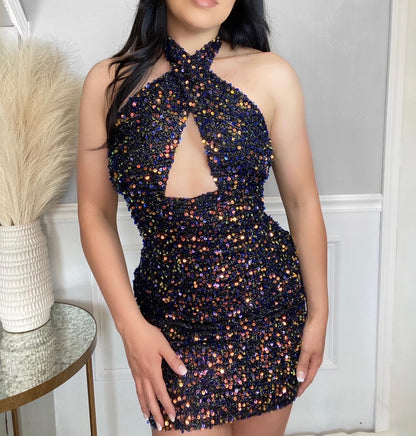 Anabelle Sequin Criss Cross Halter Mini Dress BE GLAM BOUTIQUE Anabelle Sequin Criss Cross Halter Mini Dress BE GLAM BOUTIQUE