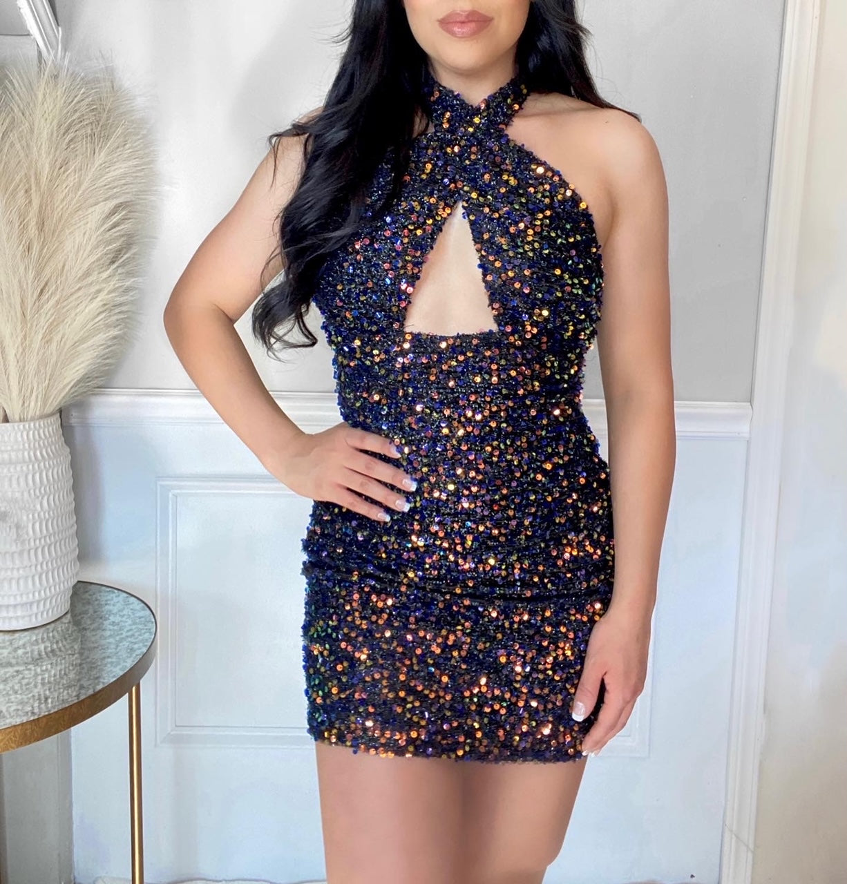 Anabelle Sequin Criss Cross Halter Mini Dress