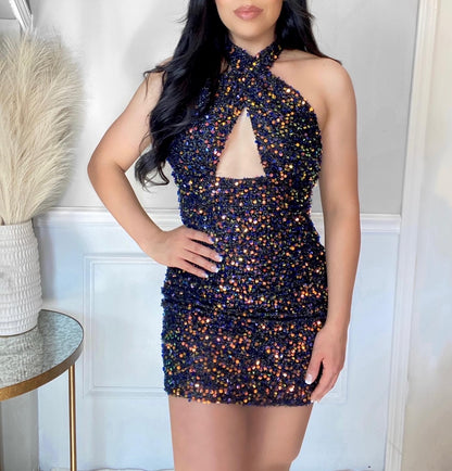 Anabelle Sequin Criss Cross Halter Mini Dress